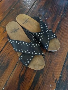 Saint Laurent Black Studded Leather Slide Sandals